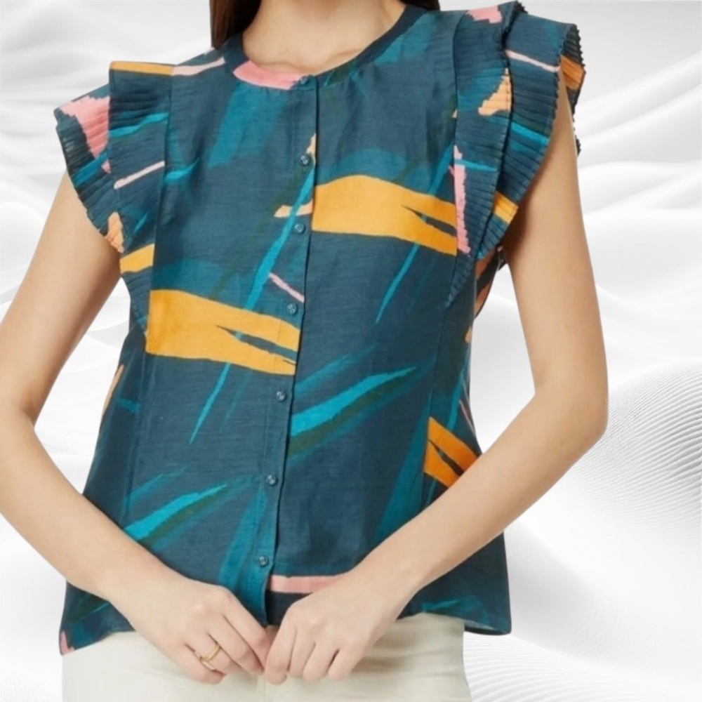 NWT Vineyard Vines 3X Flutter Sleeve Pintuck Top‎ Tropical Abstract Blue